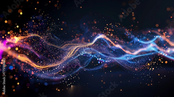 Obraz Abstract flowing fluid light particles purple and blue on black background in concept technology, science