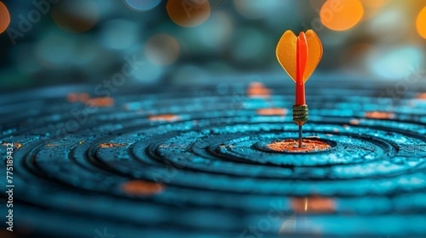 Fototapeta Arrow at a virtual target dartboard, precision in setting objectives for business investments visualizes strategic approach to achieving goals and hitting targets in business.