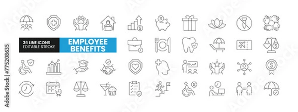 Fototapeta Set of 36 Employee Benefits line icons set. Employee Benefits outline icons with editable stroke collection. Includes Pay Raise, Health Insurance, Teamwork, Paid Vacation, Gender Equality, and More.