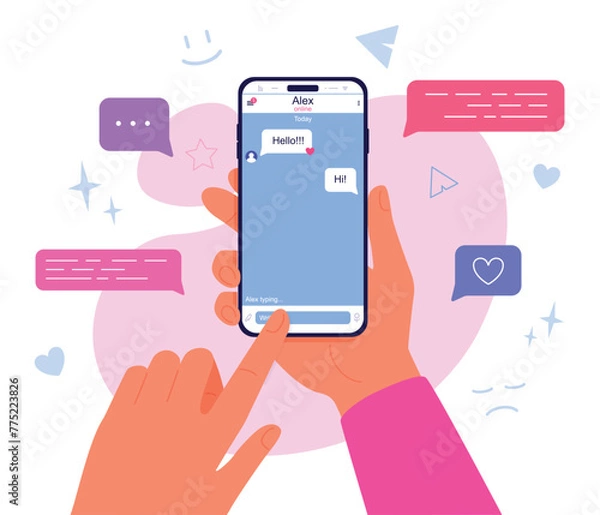 Fototapeta Hand holds phone with chat in a social media app. Chatting concept in modern flat style. Female texting with male. Messages and emojis
