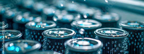 Obraz Macro closeup of water drops on blue technology background, concept of freshness and purity