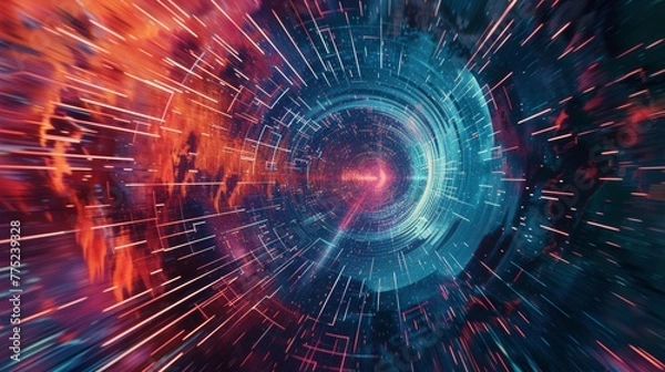 Fototapeta Abstract digital tunnel with dynamic lines and neon lights