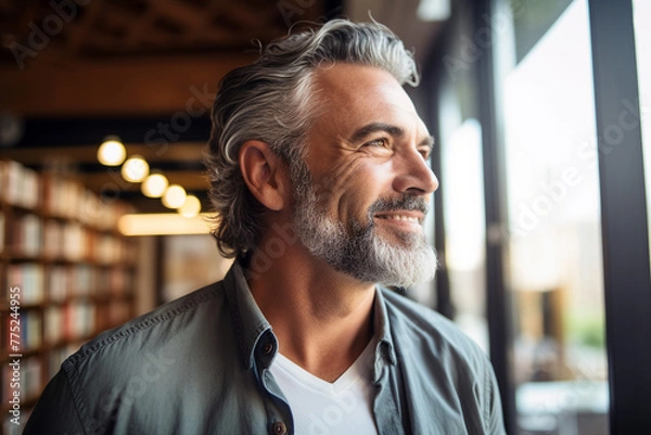Fototapeta Generated with AI image of middle aged handsome man standing in front of library books