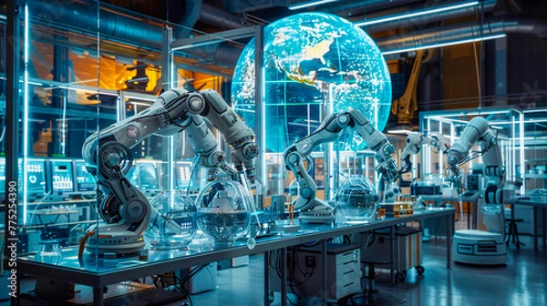 Fototapeta Industrial robot technology in a factory, modern machinery and automation equipment concept