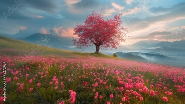 Obraz A lone tree in a field of pink flowers with mountains behind, AI