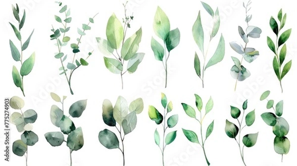 Fototapeta A beautiful set of watercolor green leaves and branches. Perfect for nature-themed designs