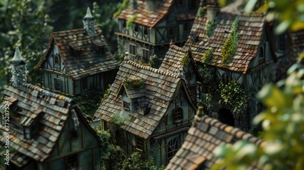 Fototapeta Miniature houses on top of lush green forest. Ideal for real estate concepts