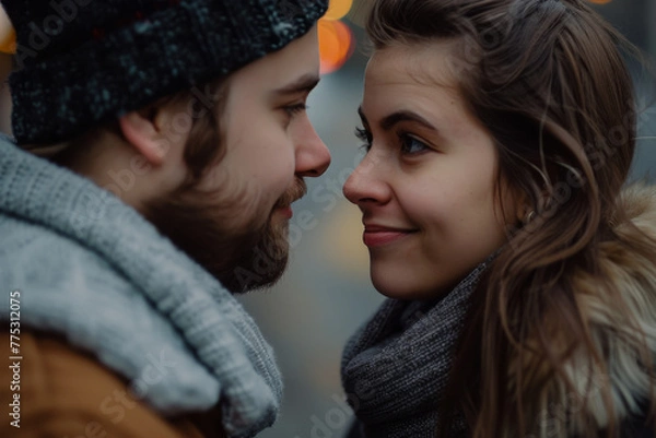 Fototapeta A man and a woman are looking at each other and smiling