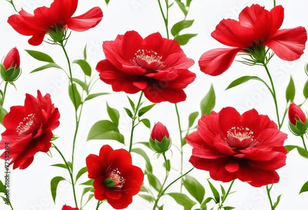 Obraz seamless red flowers on a white background. Beautiful multicolor background texture in floral style,