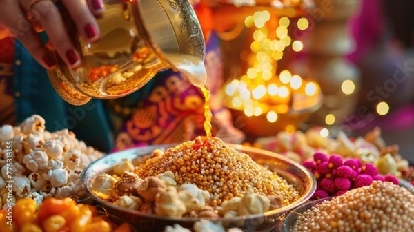 Fototapeta A person adding ingredients to a bowl of food. Suitable for cooking or food preparation concepts