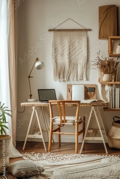 Obraz A wooden desk with a laptop on top. Suitable for technology and workspace concepts