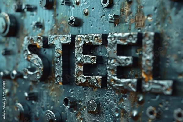 Fototapeta Cold-toned image of the word STEEL on a blue metallic surface suggesting coolness and hardness