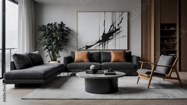 Obraz Modern Minimalism: Crisp White Living Room with Statement Art