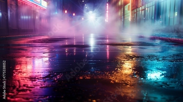 Fototapeta In the heart of the night, an empty street comes alive with the reflections of neon lights on wet asphalt, creating a dynamic canvas of color.