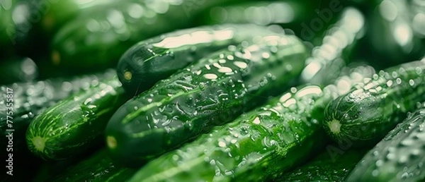 Fototapeta  A photo of green cucumbers with water droplets covering them