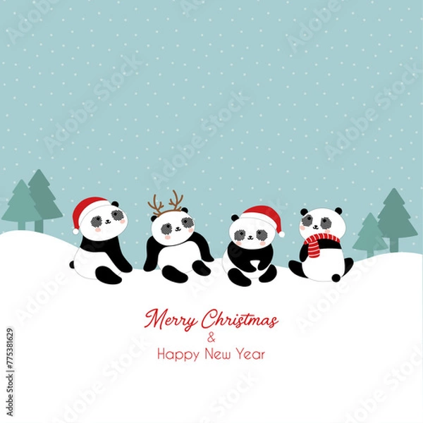Obraz Merry Christmas & Happy New Year Card Panda Vector Illustration
