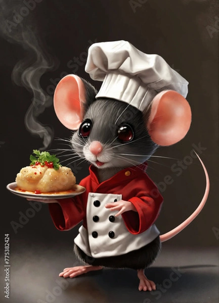 Fototapeta Adorable Mouse Chef in Black and Red Coat, with Chef Hat, Serving a Steaming Entree