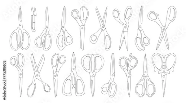 Obraz Set of various tailor's scissors for cutting, cutting, grooming in linear style. Vector stock illustration of open and closed scissors. Metal blades