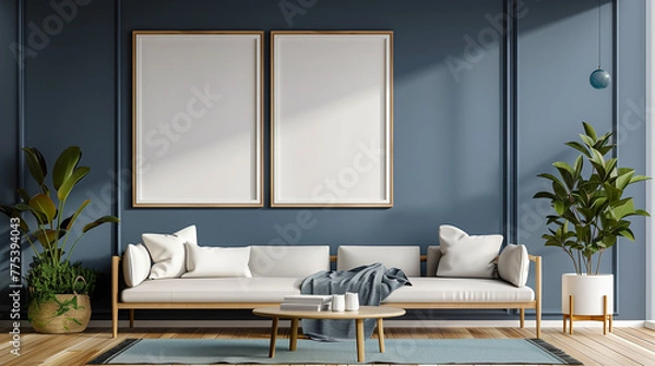 Fototapeta Stylish modern living room interior featuring a wooden frame poster mockup, cozy sofa, plants, and elegant decor elements.