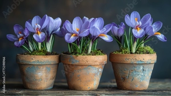 Fototapeta   Three clay pots brimming with purple blooms atop a wooden table before a deep blue backdrop