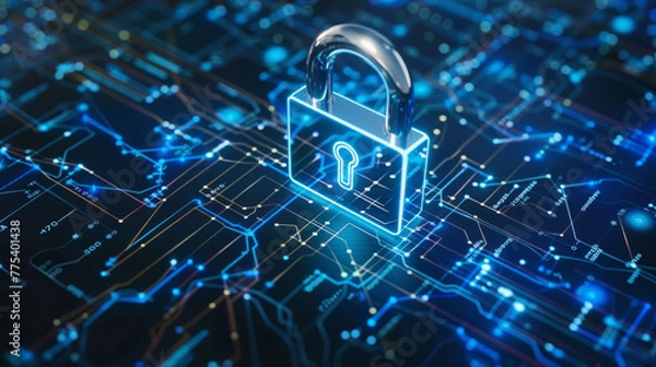 Obraz Illustration of cyber security lock on blue digital network lines - cloud computing concept