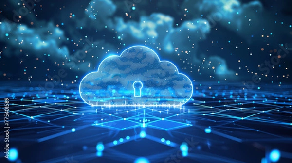Fototapeta Illustration of cyber security lock on blue digital network lines - cloud computing concept