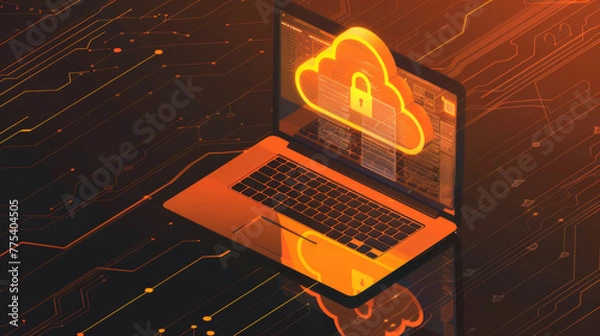 Fototapeta illustration of laptop with cyber security cloud with lock on screen - orange and black colors - computing concept