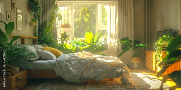 Obraz A cozy bedroom with plants, sunlight streaming through the window onto an unmade bed and warm greenery around it. 