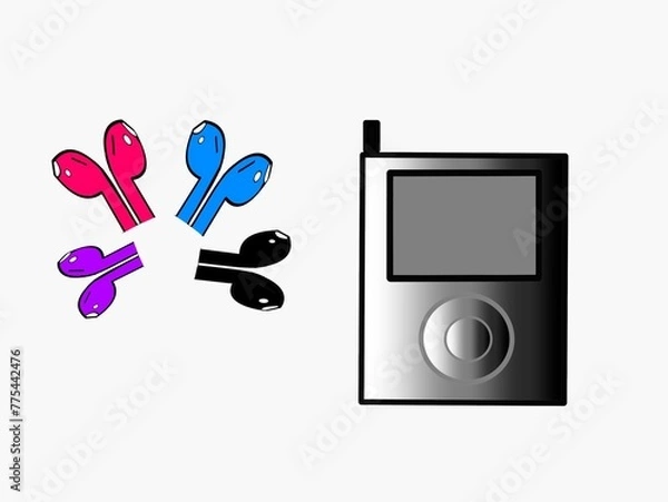 Obraz a digiral illustration of colored ear buds and an mp3 player in grey color
