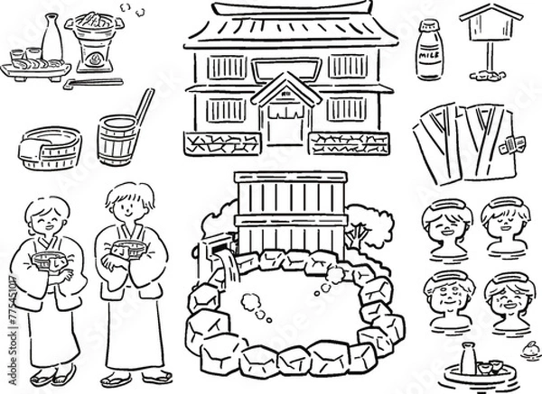 Obraz 温泉旅行のゆるい手描き風イラストセット　線画