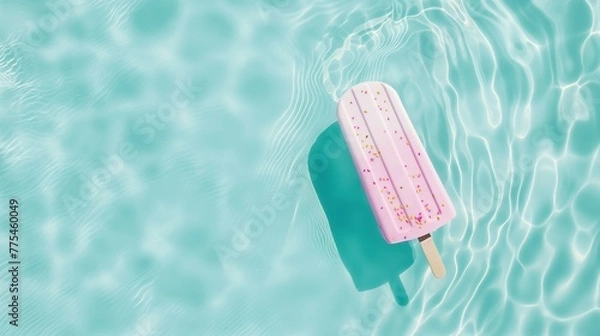 Fototapeta An inflatable rubber mattress in the shape of sprinkled ice cream on the shimmering water surface. Minimal summer refreshment concept.