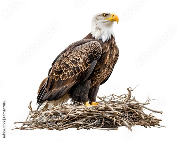 Obraz Eagle bald setting in nest on white transparent background
