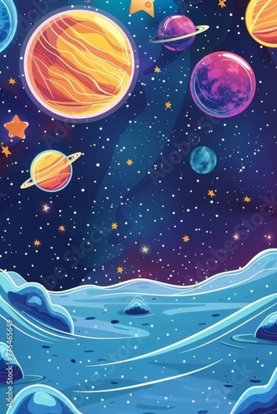 Fototapeta Outer space background with place for text. Cosmos scenes with planets, stars, comets. Vector illustration of galaxy. Greeting card collection in sci-fi style