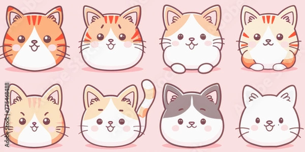 Fototapeta Eight cute cartoon cats with various colors and markings smiling in a stylized, adorable design on a light background.