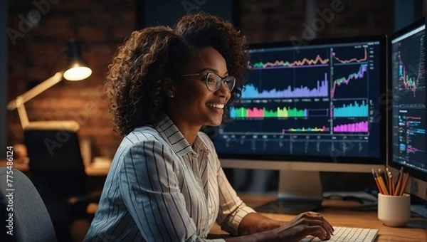 Obraz Portrait of a Happy Successful Black Businesswoman Using Desktop Computer in Creative Agency in the Evening, African American Female Smiling While Checking Data and Statistic Charts