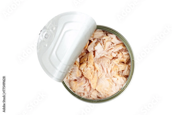Fototapeta open canned tuna can isolated on white background top view