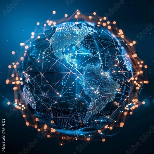 Fototapeta a globe surrounded by a network of connections between businesses, symbolizing globalization and international cooperation in business. Job ID: a04f03bf-86bd-462a-8cf9-a27b9d95afee