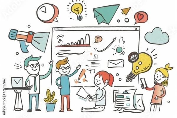 Fototapeta Cartoon cute doodles of a business makeover, with characters rebranding their company, redesigning their logo, and launching a fresh marketing campaign, Generative AI