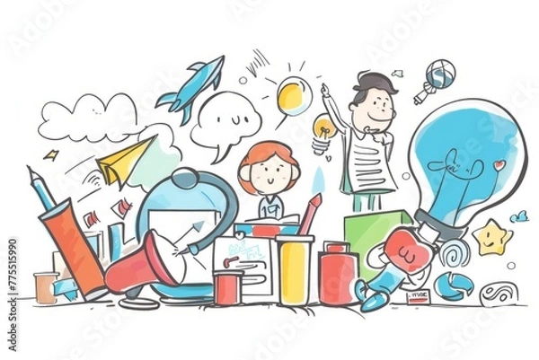 Fototapeta Cartoon cute doodles of a business makeover, with characters rebranding their company, redesigning their logo, and launching a fresh marketing campaign, Generative AI