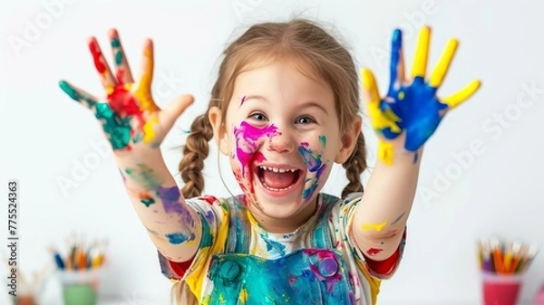 Obraz funny child girl draws laughing shows hands dirty with paint png, AI Generative