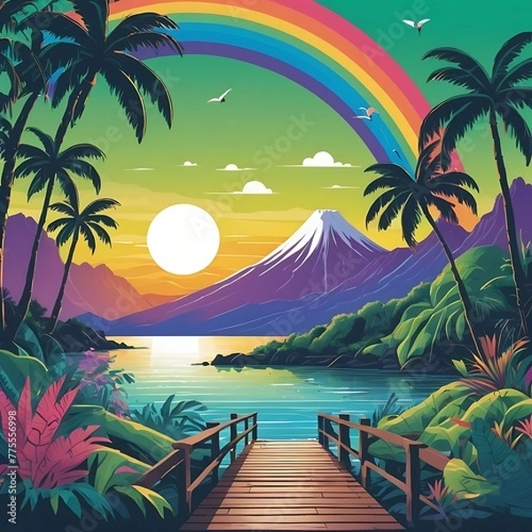 Obraz Marine landscape in cartoon style with sunset