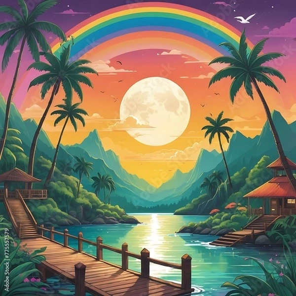 Obraz Marine landscape in cartoon style with sunset