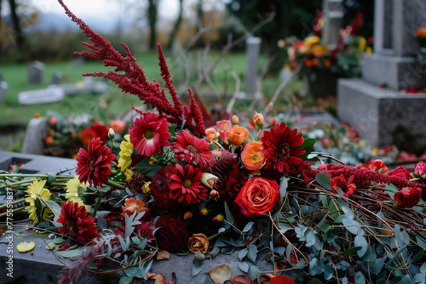 Fototapeta A cemetery with a gravestone and flowers on it. The flowers are colorful and arranged in a way that makes the scene look peaceful and serene