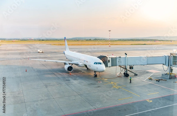 Fototapeta .The gate sleeve is docked to the aircraft.