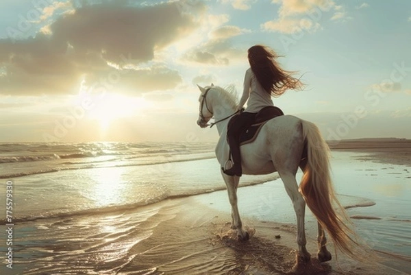 Fototapeta Beautiful woman riding a horse on the beach, Beautiful woman riding a white horse on the beach, Beautiful girl riding a horse on the beach in summer
