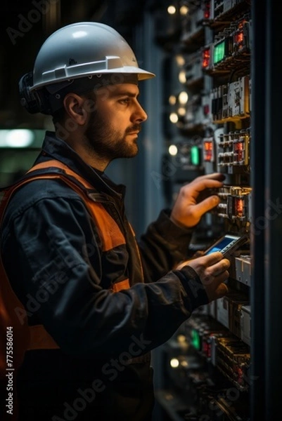 Fototapeta A VetalVit technician in a hard hat is working on a switch panel, inspecting and possibly repairing it. The scene shows focused work on electrical components