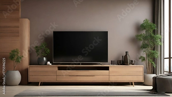 Fototapeta Modern Smart Tv Mockup with blank black screen standing on console, modern living room with acoustic guitar. 3d rendering generative by ai,,