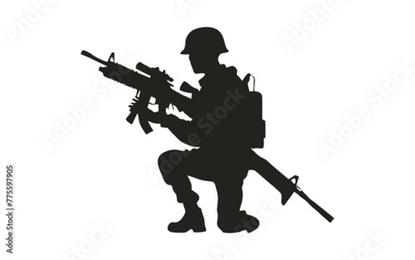 Fototapeta silhouette of a salute soldier in black and white. set of soldier silhouettes with gun in different poses