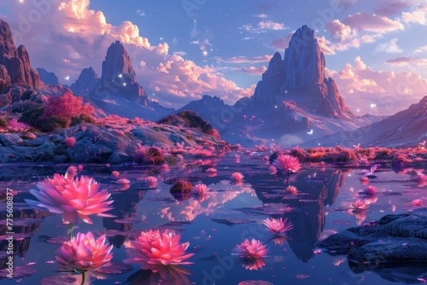 Fototapeta Alien landscape with floating rocks and vibrant flora