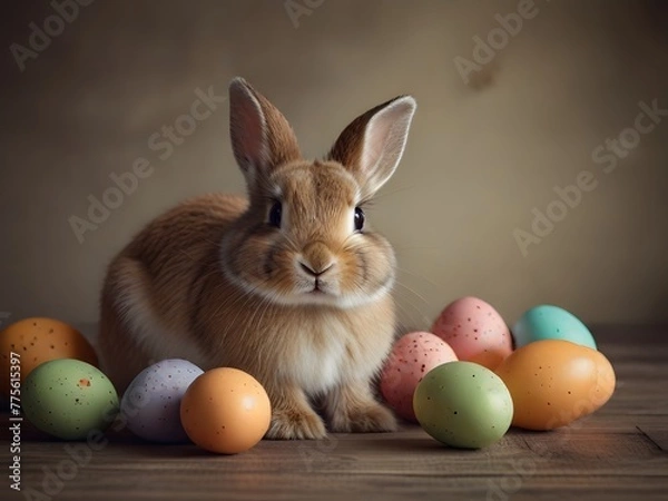 Fototapeta Easter Bunny Surrounded by Colorful Eggs, happy easter eggs